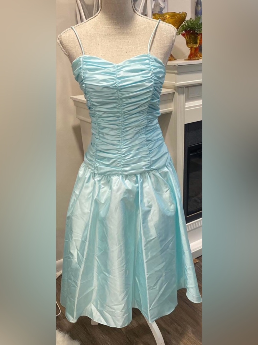 Vintage Light Blue Ruched Bodice Taffeta Dress Garden Party